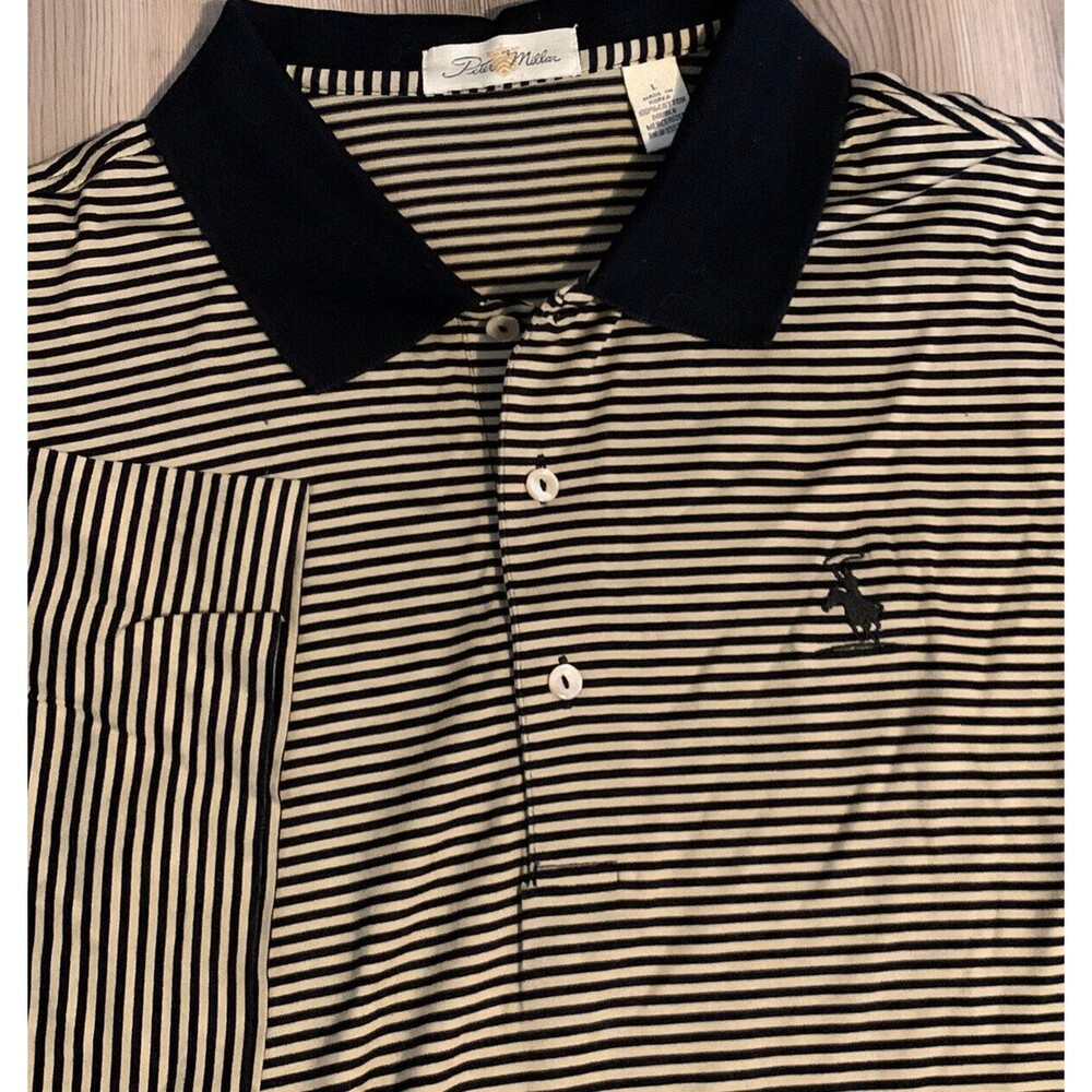 Peter Millar Mens Size L Cotton Golf Polo Tan Black Stripe Embroidered Logo